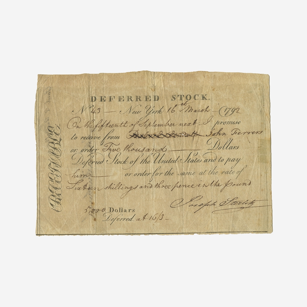  Deferred stock certificate of the United States from the panic of 1792, $44,100