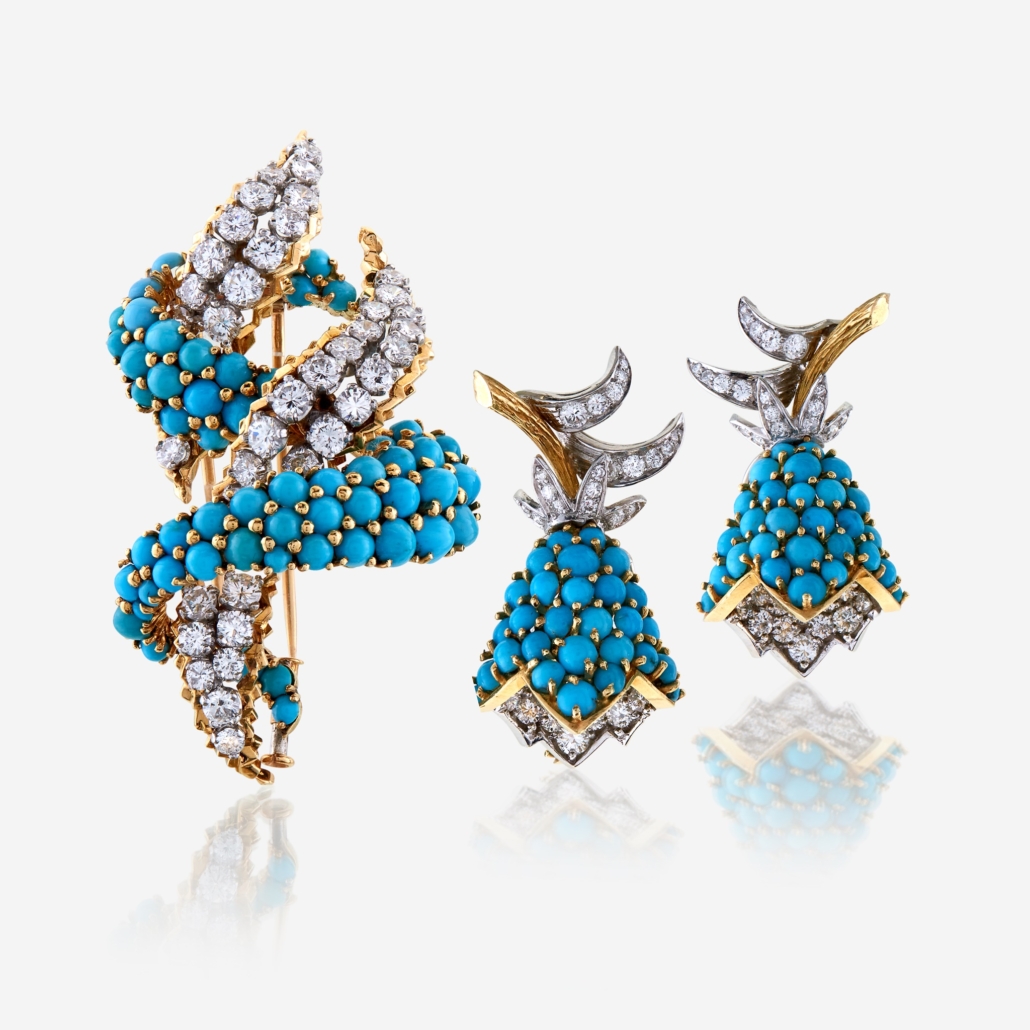 Cartier diamond, turquoise and gold brooch with matching ear clips, est. $25,000-$35,000