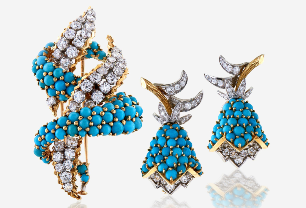 Cartier diamond, turquoise and 18K gold brooch with matching ear clips, $31,500