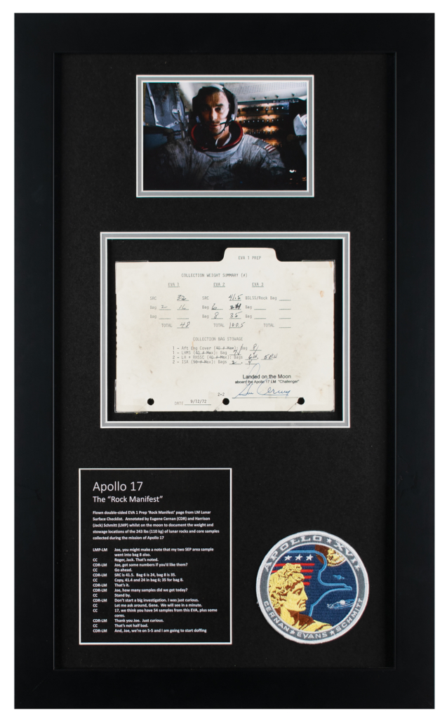 Gene Cernan's Lunar-flown Apollo 17 EVA 1 Prep 'Rock Manifest' page, $68,069