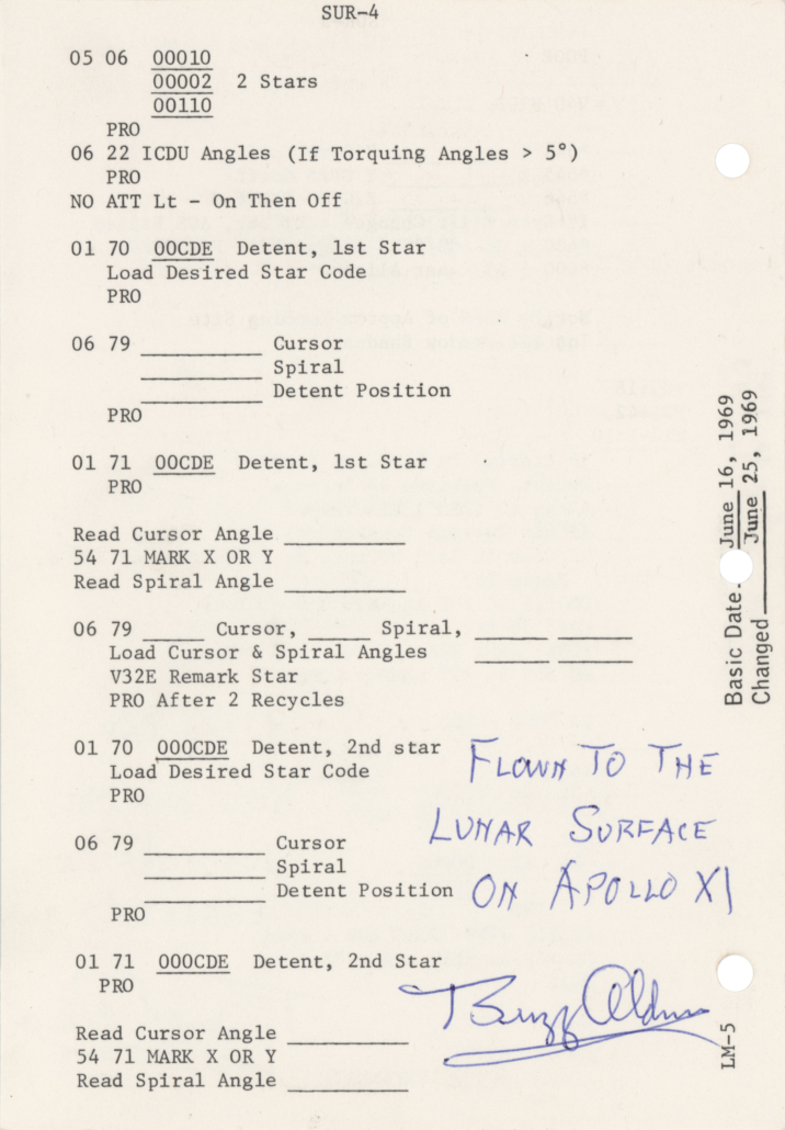 Buzz Aldrin's Apollo 11-flown Lunar Module checklist page, $143,750
