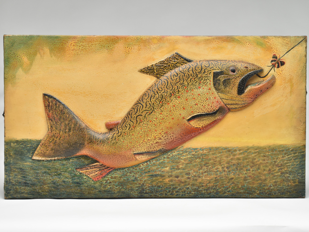Exceptional Oscar Peterson fish plaque with original paint, est. $50,000-$70,000