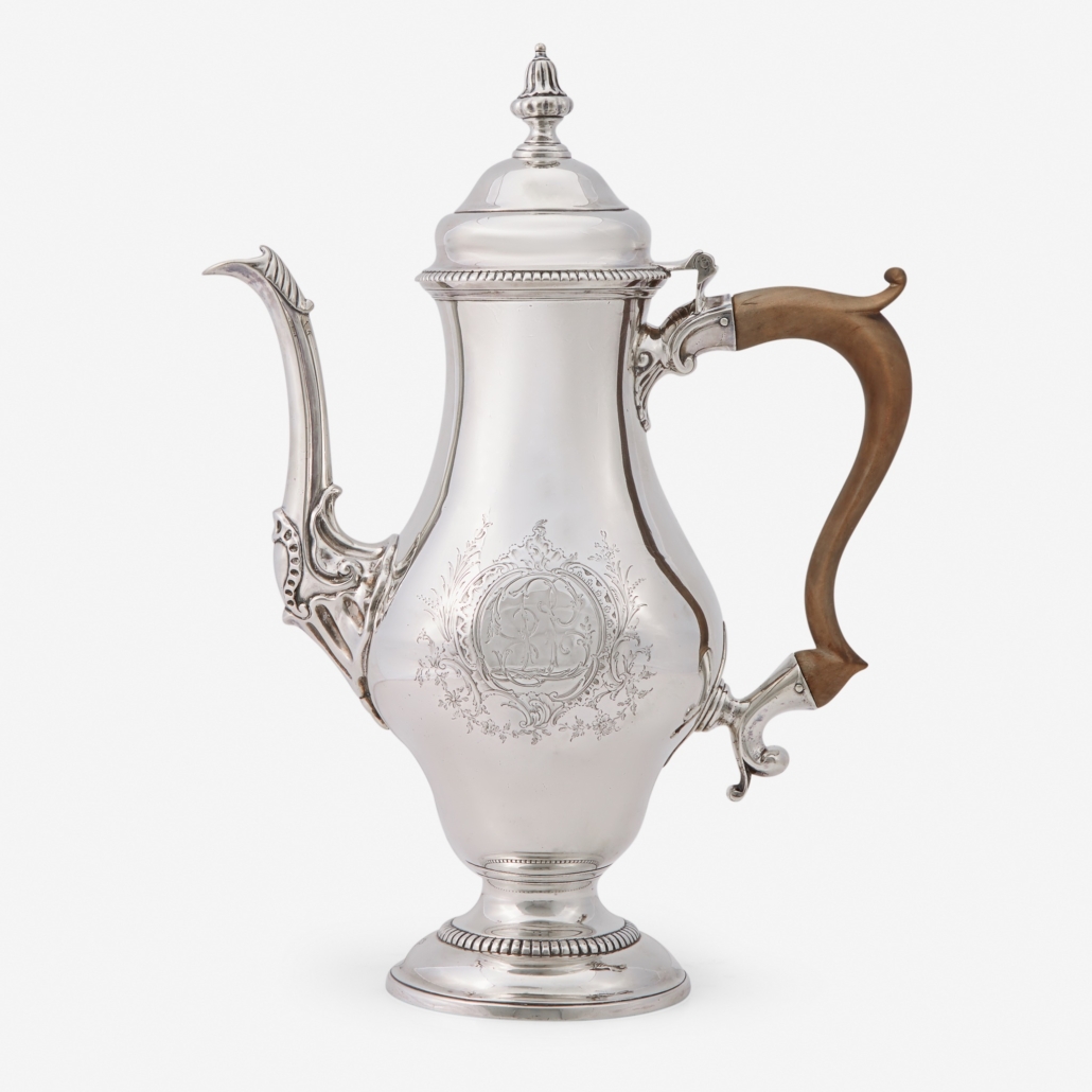  Circa-1770 silver coffee pot with Rococo detailing, est. $20,000-$30,000