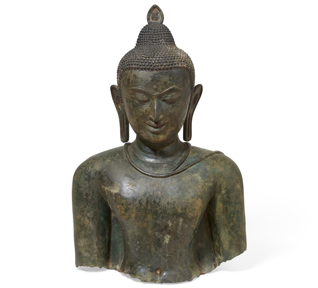 Southeast Asian verdigris mixed alloy bust of Buddha, $15,000