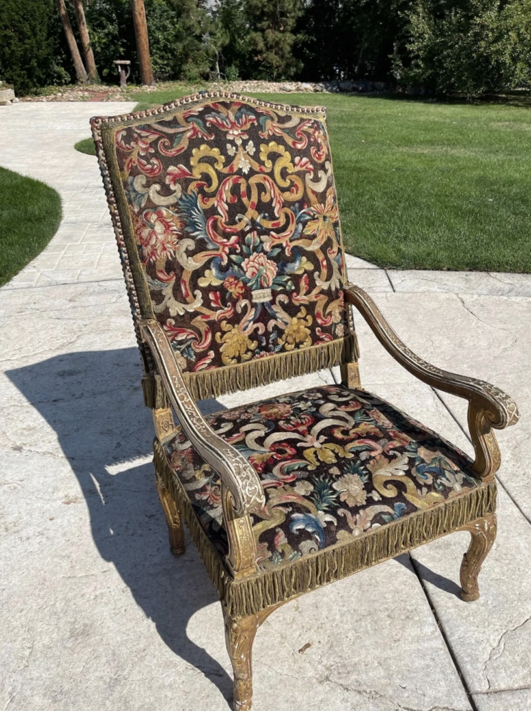 18th-century French Louis LXV giltwood armchair, est. $500-$7,000