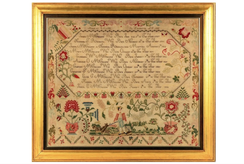 1838 family record sampler by Eliza C. McCullow, est. $5,500-$6,000