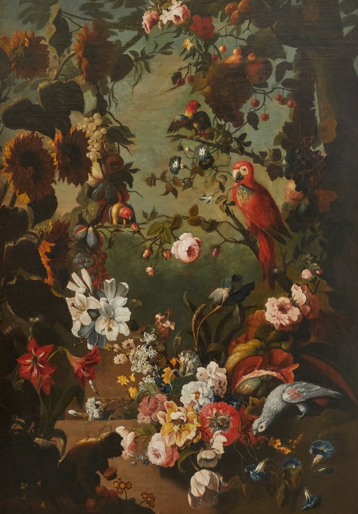 Floral still life with parrots by a follower of Jacob Bogdani, $21,250