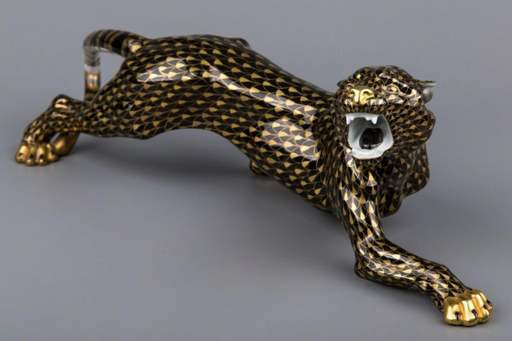 Herend hand-painted large black and gold fishnet tiger figurine, est. $3,500-$4,000