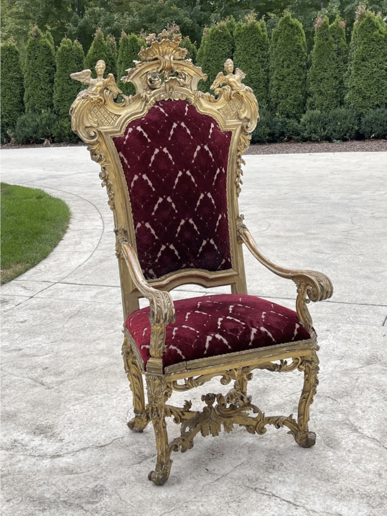 18th-century Italian carved giltwood throne chair, est. $100-$8,000