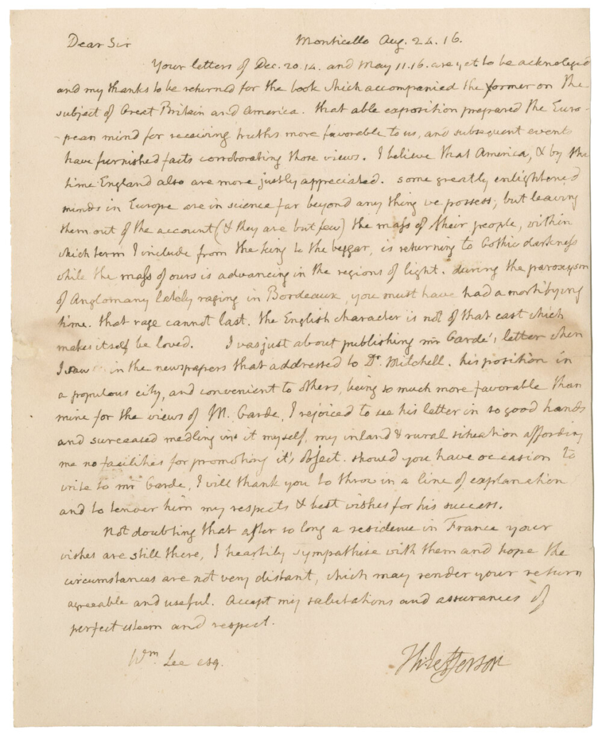 One-page Thomas Jefferson letter touting America’s superiority over Europe, est. $25,000-$30,000