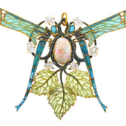 Gold, opal, plique-a-jour enamel, glass and diamond dragonfly pendant by Rene Lalique, which sold for $226,800 and a world auction record
