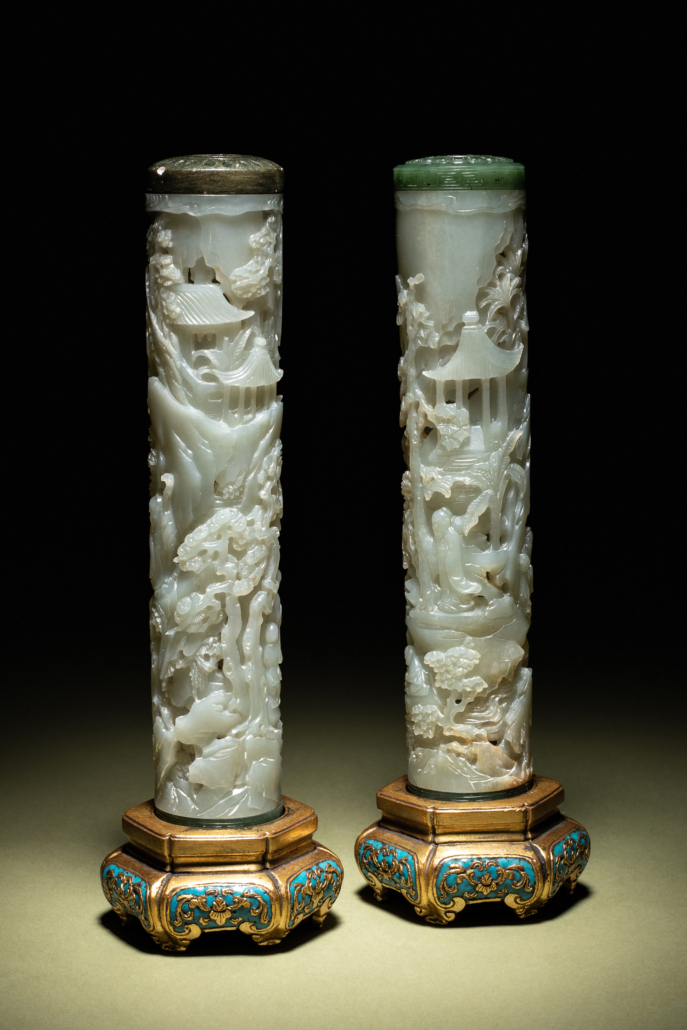 Pair of carved celadon jade cylindrical parfumiers, Qianlong Period, $90,000
