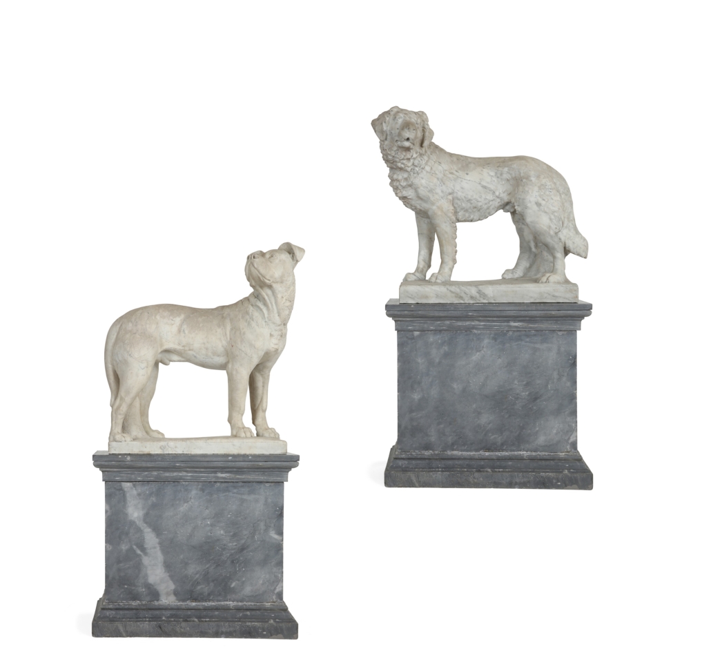 Lifesize pair of Italian Carrara marble dogs, $62,500