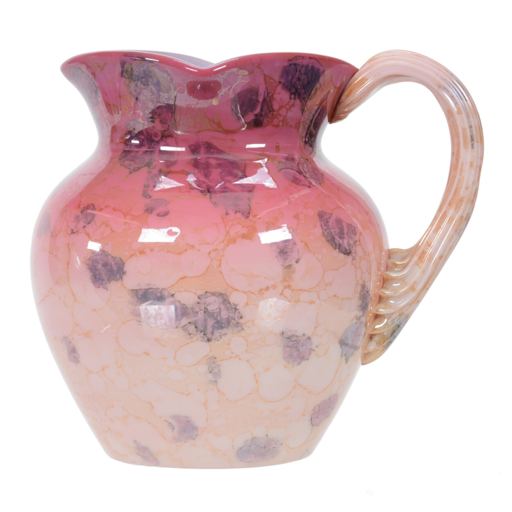 Pink agata art glass pitcher by New England, est. $1,500-$3,000