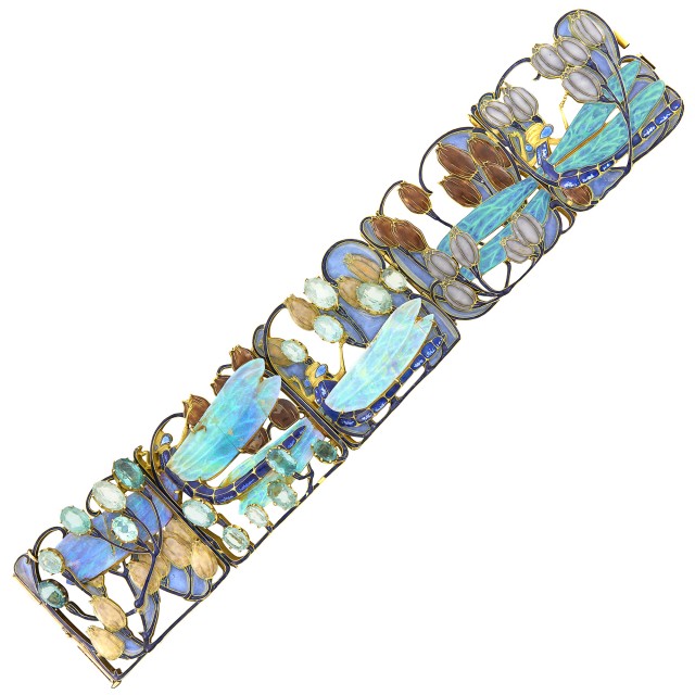 Gold, carved opal, enamel and aquamarine bracelet by Rene Lalique, $340,200