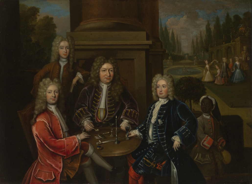 ‘Elihu Yale seated at table with the Second Duke of Devonshire and Lord James Cavendish,’ a circa 1708 group portrait. The work, which pictures the Yale University namesake and an enslaved child, was recently returned to public display at a campus museum following a period of technical analysis. Image courtesy of Wikimedia Commons. This work is in the public domain in the United States because it was published (or registered with the U.S. Copyright Office) before January 1, 1926.