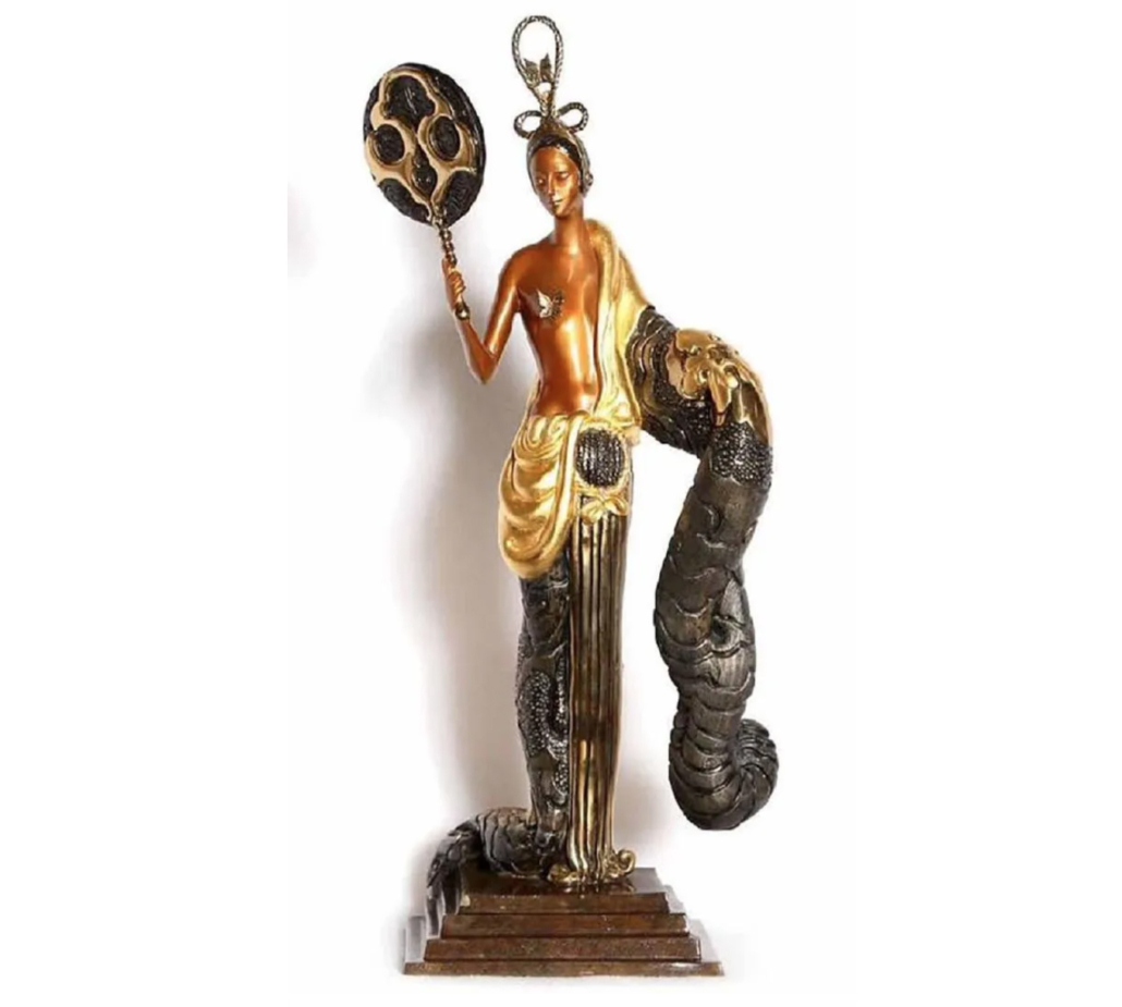  A 1989 signed and numbered bronze Erte sculpture, ‘Bamboo,’ went for $7,100 plus the buyer’s premium in February in 2019 at White Knight Associates/White Knight Auctions. Image courtesy of White Knight Associates/White Knight Auctions and LiveAuctioneers.