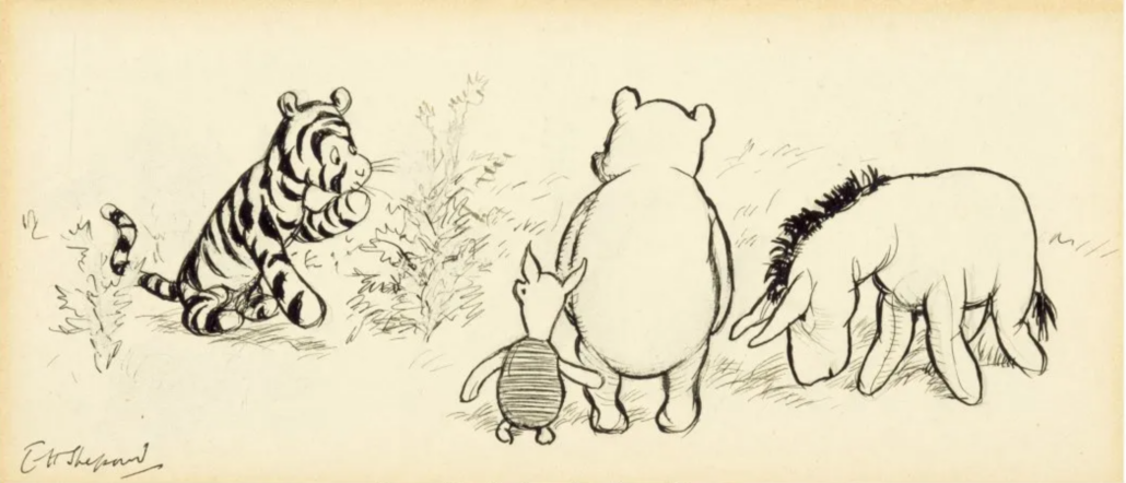 Ernest Howard Shephard’s 1928 illustration for ‘The House at Pooh Corner,’ titled ‘It Appears You have Eaten a Bee,’ sold in April 2021 for $75,000 plus the buyer’s premium at Heritage Auctions. Image courtesy of Heritage Auctions and LiveAuctioneers.