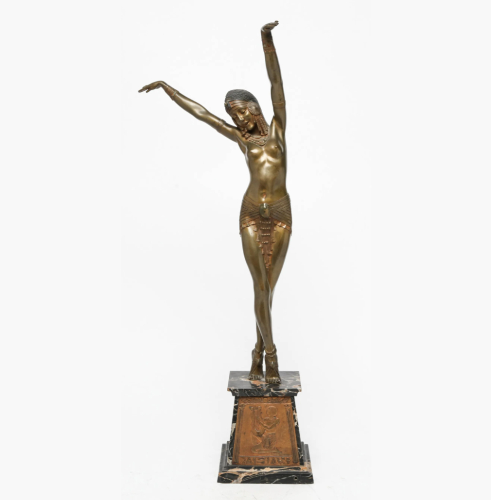  This Demetre Chiparus ‘Egyptian Dancer’ bronze sculpture of a woman wearing a scarab belt brought $18,000 plus the buyer’s premium in October 2019 at Auctions at Showplace. Image courtesy of Auctions at Showplace and LiveAuctioneers.