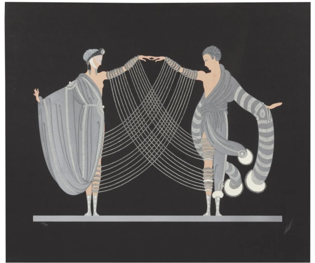 Two Erte screenprints from the 1983 Love and Passion suite, ‘The Marriage Dance’ (pictured) and ‘Kiss of Fire,’ sold together for $9,000 plus the buyer’s premium in June 2017 at Heritage Auctions. Image courtesy of Heritage Auctions and LiveAuctioneers.
