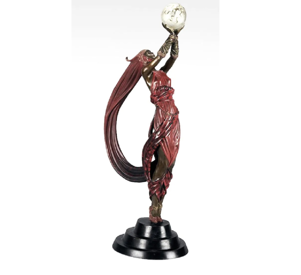 A 1985 Erte bronze, ‘The Globe,’ realized $7,600 plus the buyer’s premium in June 2019 at Allure Antique Auction Company. Image courtesy of Allure Antique Auction Company and LiveAuctioneers.