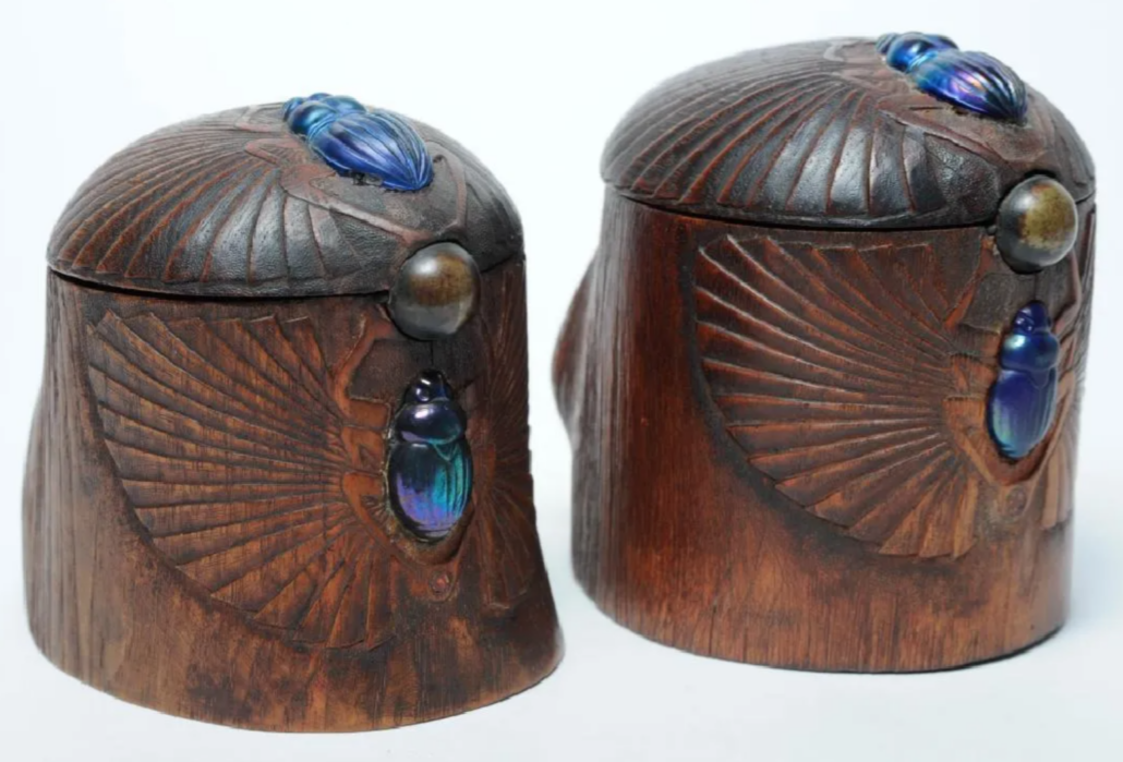 A circa-1900 pair of Louis C. Tiffany Studios scarab humidor boxes sold for $60,000 plus the buyer’s premium in March 2018 at Hill Auction Gallery. Image courtesy of Hill Auction Gallery and LiveAuctioneers.