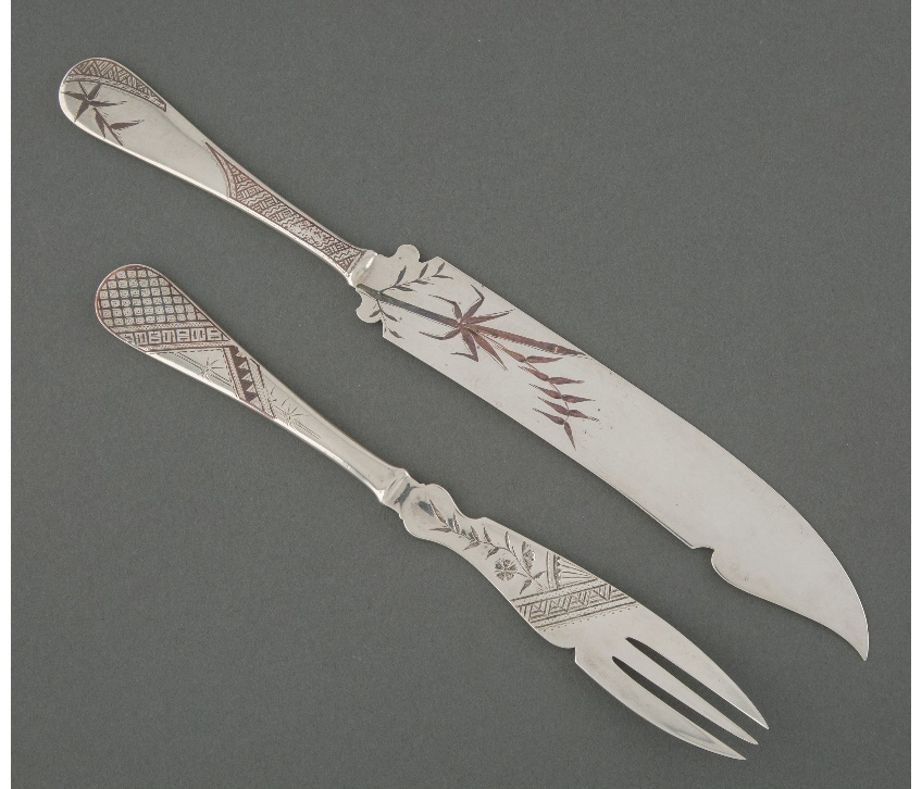 Gorham Mfg. knife-and-fork melon-serving set with copper inlay, est. $400-$600