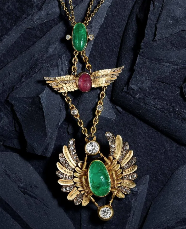 A Koch Brothers emerald, tourmaline and diamond necklace with tourmaline scarabs realized $16,000 plus the buyer’s premium in June 2018 at Fortuna Auction. Image courtesy of Fortuna Auction and LiveAuctioneers.
