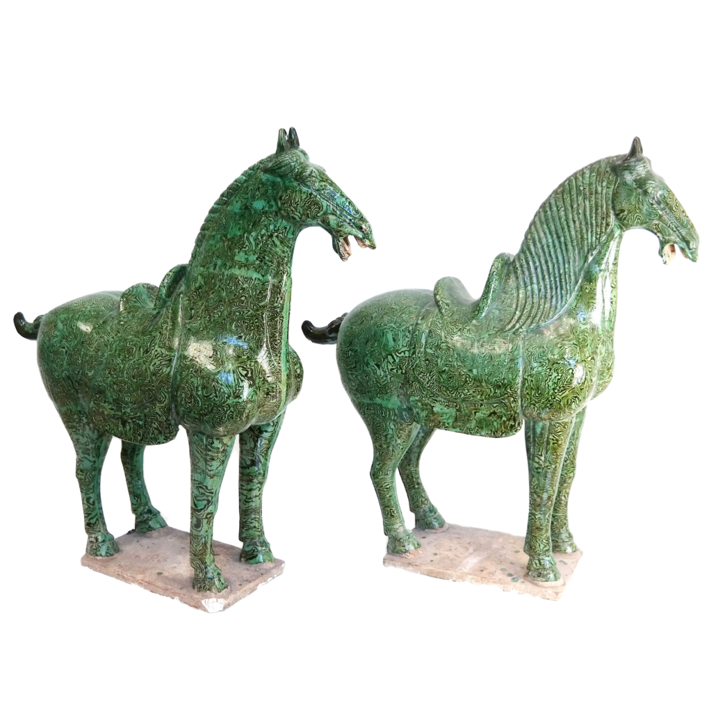 Glazed earthenware models of Ferghana ceramic horses, after the Tang dynasty tomb figure examples, est. $1,000-$2,000