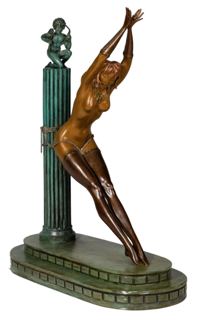 A 1960 Erte bronze sculpture, ‘Prisoner of Love,’ made $7,500 plus the buyer’s premium in July 2021 at Leonard Auction, Inc. Image courtesy of Leonard Auction, Inc. and LiveAuctioneers.