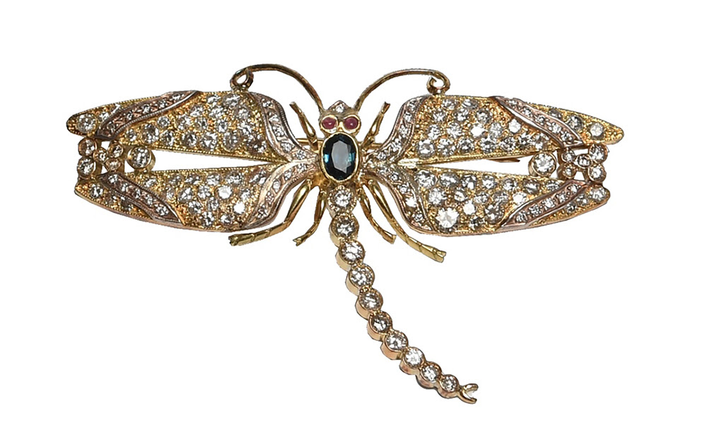  18K gold, diamond, sapphire and ruby dragonfly brooch, est. $2,500-$4,000