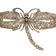 18K gold, diamond, sapphire and ruby dragonfly brooch, est. $2,500-$4,000
