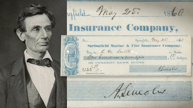 Check signed and filled out in 1860 by Abraham Lincoln, $35,255