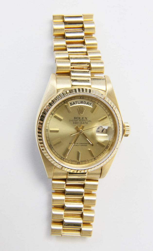 Men’s Rolex Oyster Perpetual President Day-Date watch in 18K yellow gold, est. $10,000-$15,000