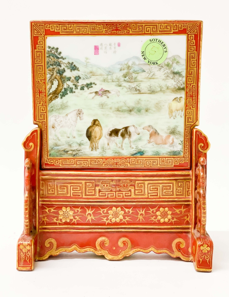 Chinese porcelain enamel decorated table screen, est. $3,000-$5,000