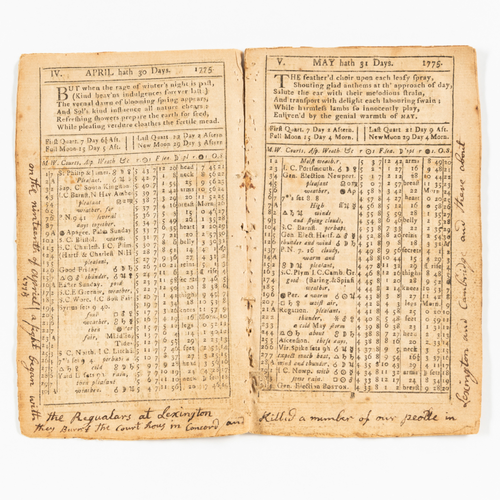 Nathanael Low 1775 Almanack with notations regarding the fight at Lexington and Concord, $9,400. Image courtesy of Skinner, Inc. www.skinnerinc.com