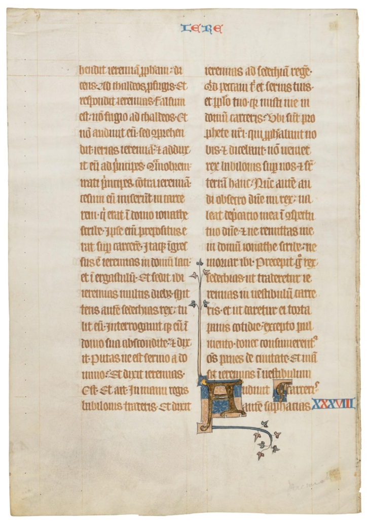 Original illuminated manuscript leaf on vellum from the Bohun Bible, est. $4,000-$6,000