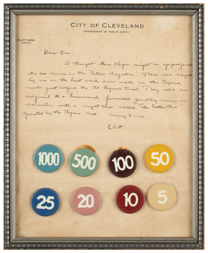 Eliot Ness-signed letter with roulette Lammer chips seized during the last Capone mob raid, $32,282