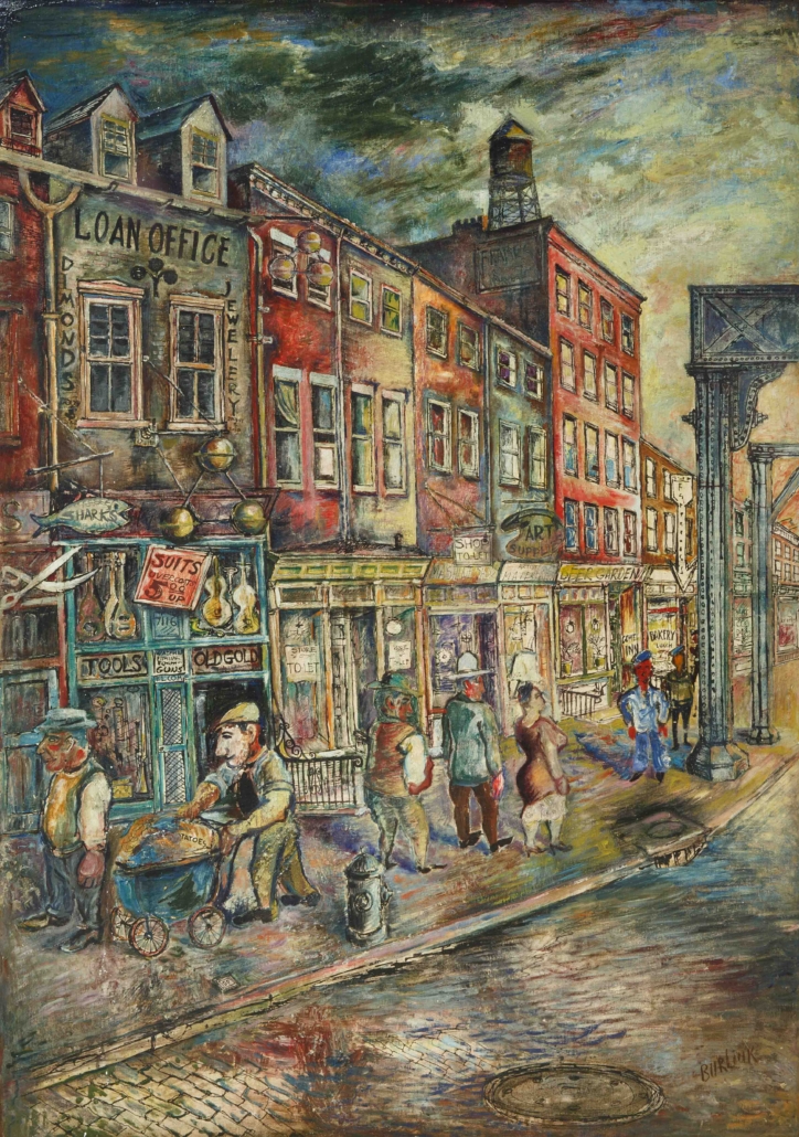 Circa-1944 David Burliuk painting of the Bowery, est. $30,000-$50,000