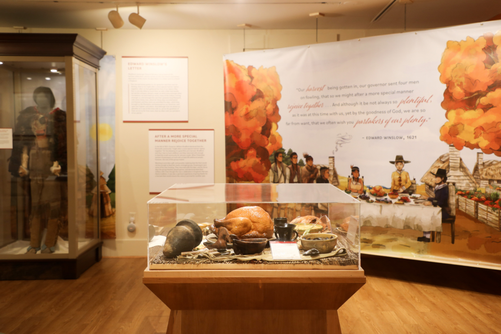 The exhibit's center display looks at the history of Thanksgiving dinners through 11 meals that took place from 1621 to 1957. 