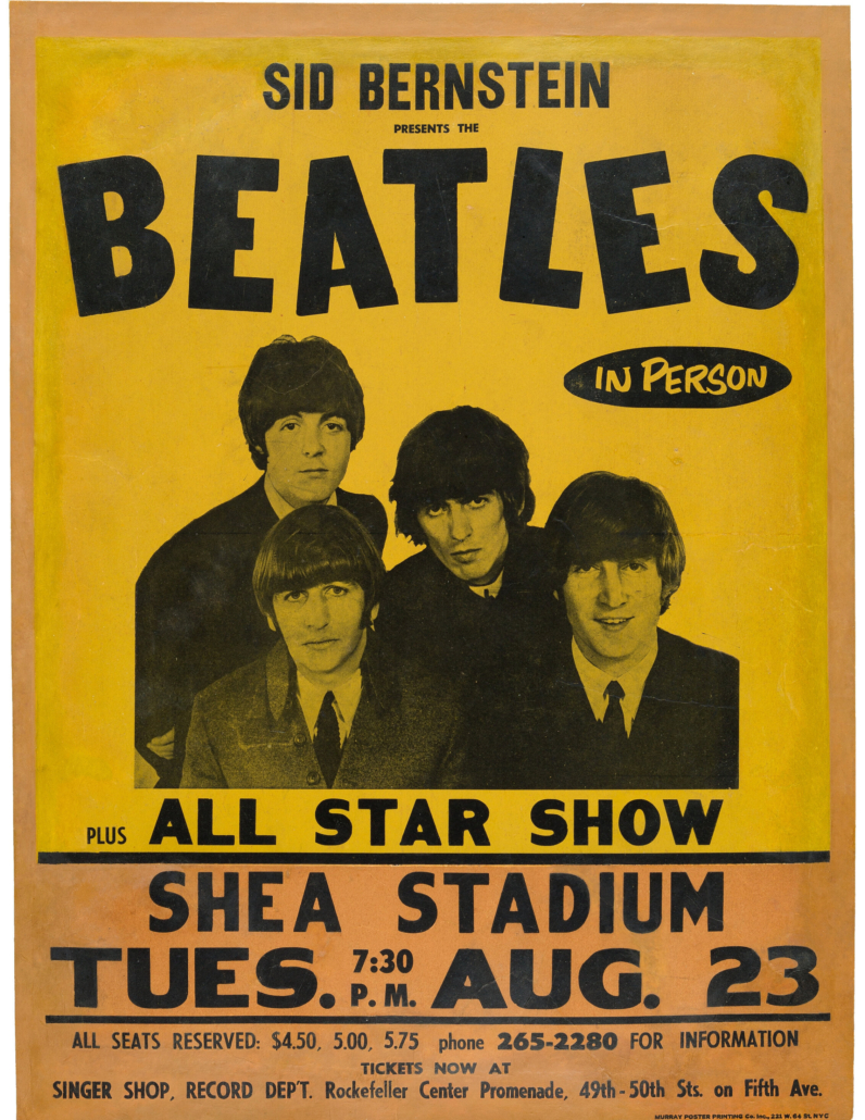 In April 2020, a 1966 Beatles at Shea Stadium poster realized $137,500 and claimed a world auction record. A second example in the November 6 auction is estimated at $60,000-$90,000.