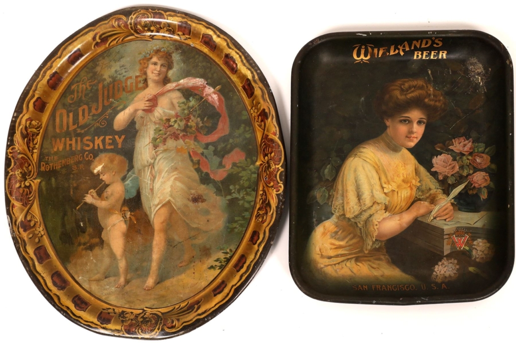 Pair of trays, one for Old Judge Whiskey and one for Wieland’s Beer, $625