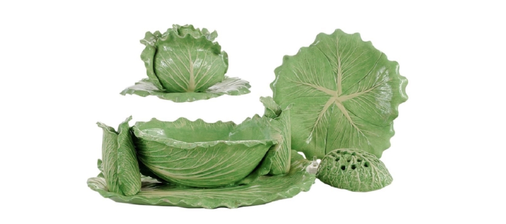 Six pieces of Dodie Thayer lettuce ware that originally belonged to Palm Beach resident Marjorie S. Fisher sold for $4,250 plus the buyer’s premium in May 2017. Image courtesy of Brunk Auctions and LiveAuctioneers