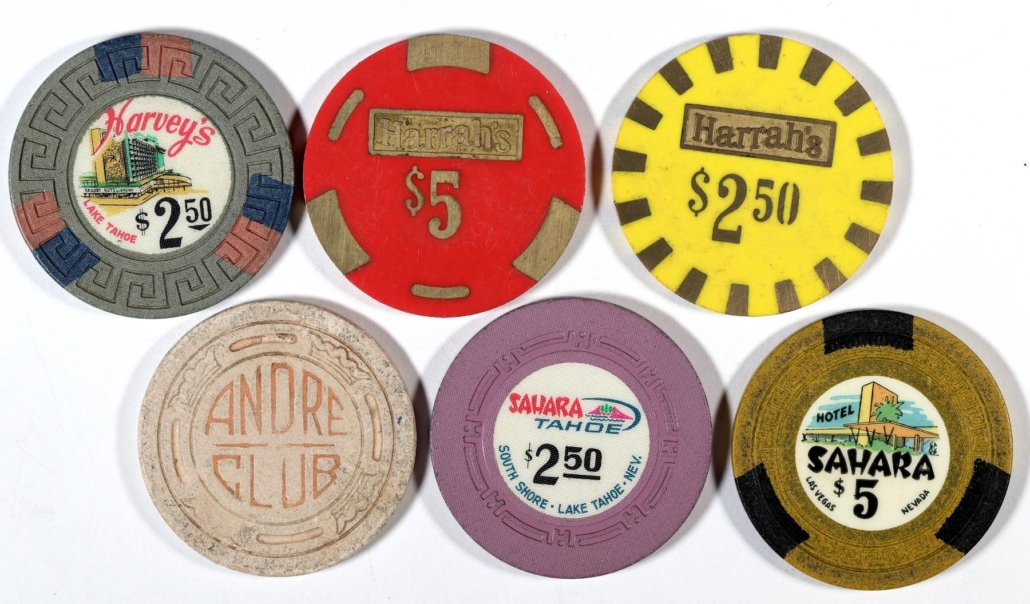Group of six vintage gaming chips, for Harrah’s, Harvey’s Lake Tahoe, Sahara Tahoe, Sahara Las Vegas and the Andre Club, $3,875