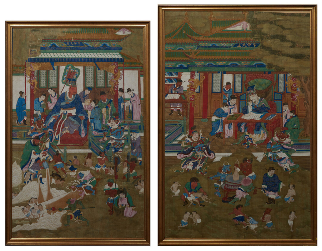 Pair of Chinese watercolors on silk depicting ‘The Ten Courts of Hell,’ est. $10,000-$12,000