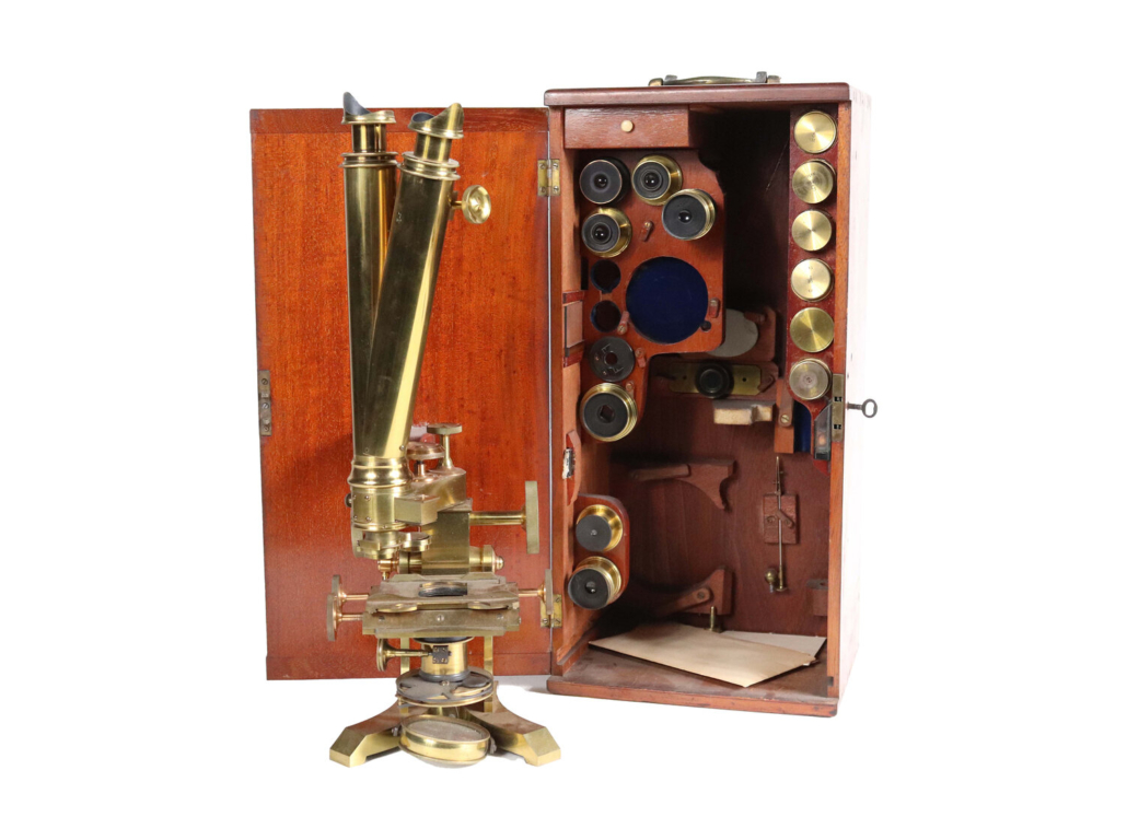 Charles Collins cased binocular microscope with mahogany box on stand, est. $3,000-$5,000