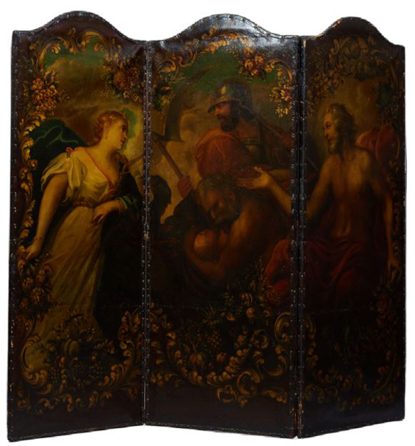 Continental three-panel, hand-painted leather screen, est. $2,000-$4,000