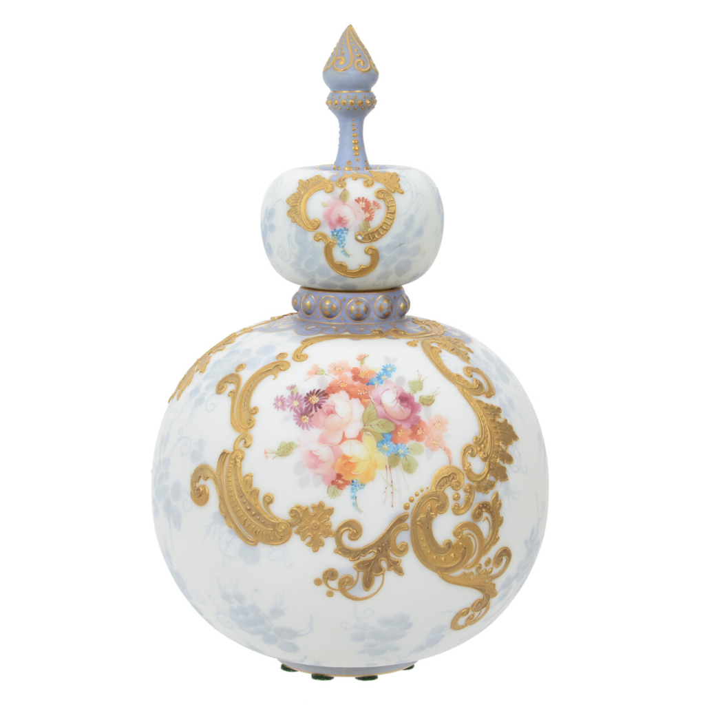 Art glass covered jar marked “Crown Milano 572,” est. $2,000-$4,000