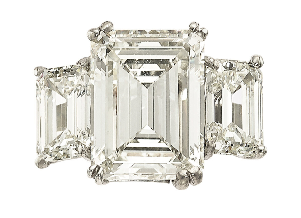 Three-stone ring featuring an 8.48-carat emerald-cut diamond, est. $100,000-$150,000