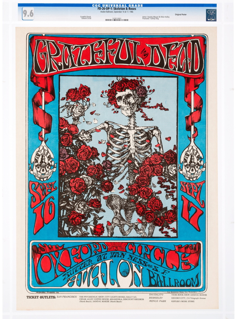 In November 2019, a 1966 Grateful Dead Skeleton & Roses poster sold for $118,750, a world record at the time. This copy is estimated at $86-$1 million.